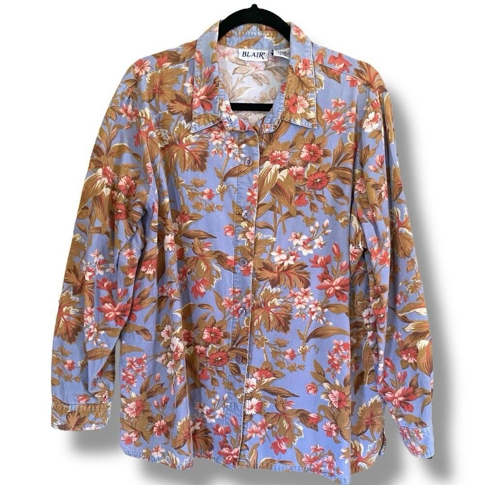 Blair Long Sleeve Soft Corduroy Button Top Shirt XLG Fall Vintage Flowers